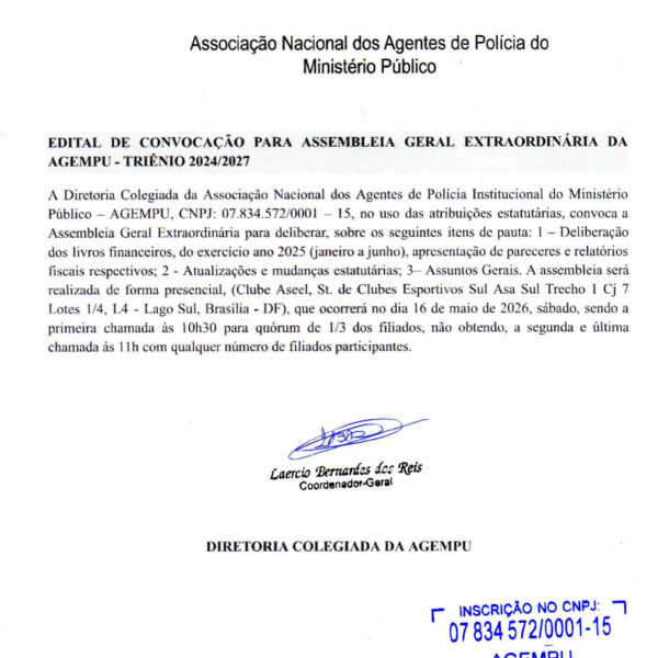 EDITAL DE CONVOCAÇÃO PARA ASSEMBLEIA GERAL EXTRAORDINÁRIA DA  AGEMPU – TRIÊNIO 2024/2027